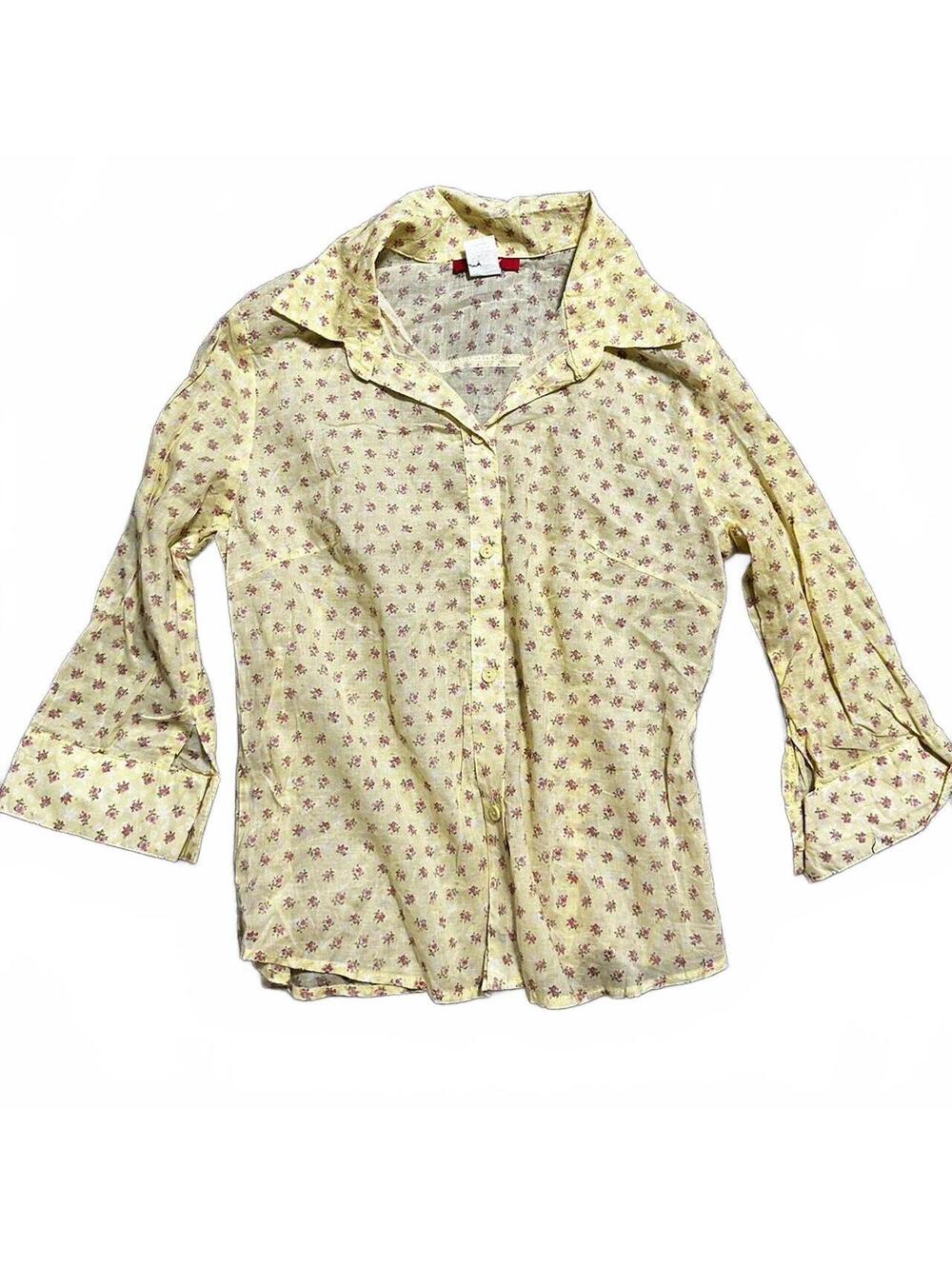 Y2K Lispy Cotton Yellow Floral Boho Femme Button Up Shirt Size L